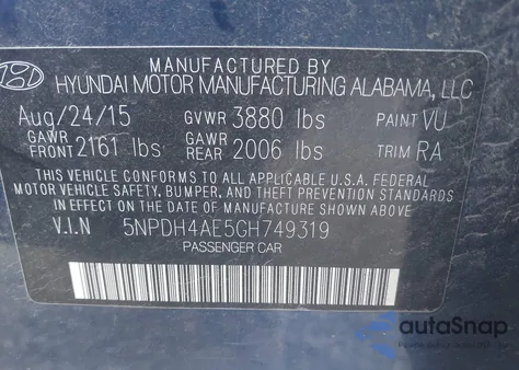 2016 Hyundai Elantra Se из США, поврежденный, VIN 5NPDH4AE5GH749319